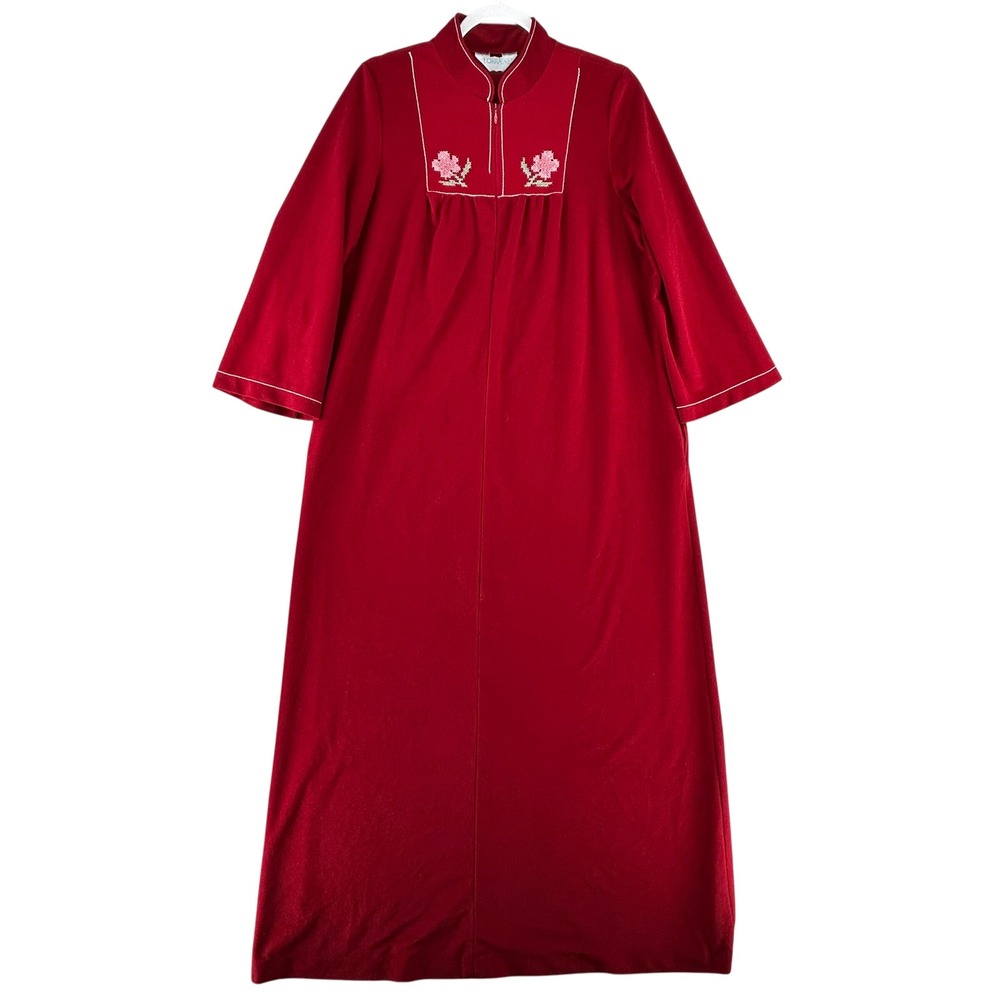 VTG Lorraine Red Half Zip Floral Embroidered Robe Gown Lounger Womens Medium USA